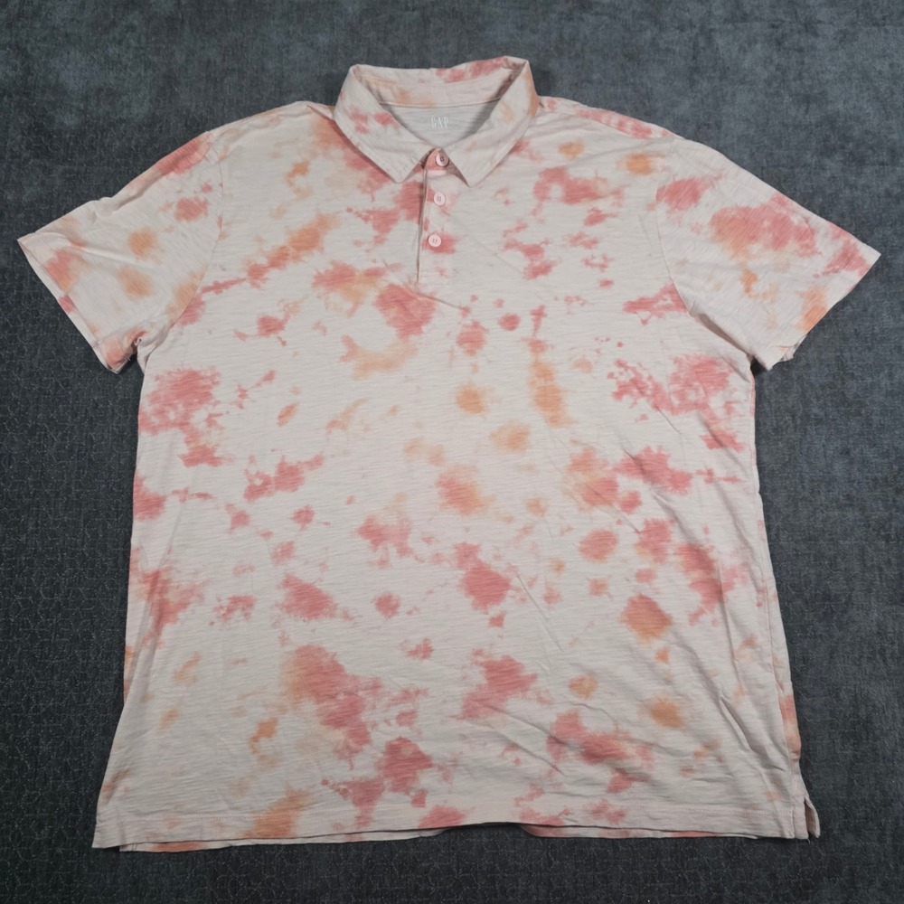 Gap Mens XL Lived In Tie Dye Polo Shirt Pink Orange Slub Cotton Short Sleeve